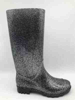 Women Pvc Slip On Tall Rain Boots Ankle Height With Glitter Upper Classcial Styles
