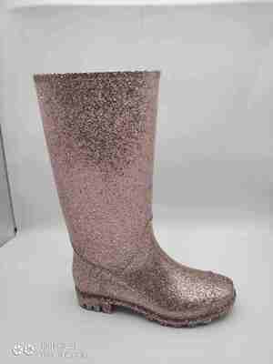 Women Pvc Slip On Tall Rain Boots Ankle Height With Glitter Upper Classcial Styles