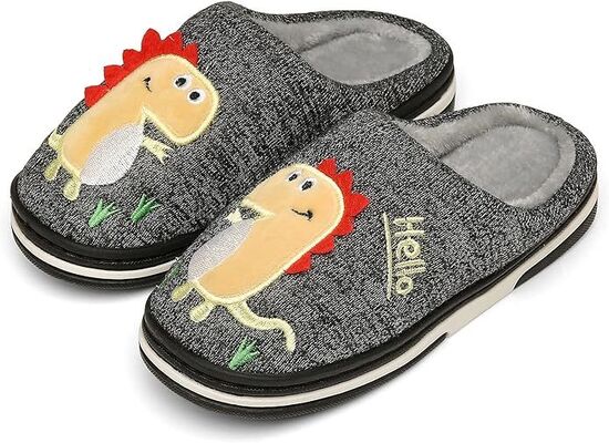 Fun DIno Featured Kids Slippers Warm Faux Fur Lining for Winter Comfort