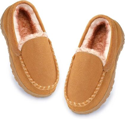 Winter Kids Moc Indoor Slippers With Warm Fur Lined Classical Moccasin Designs