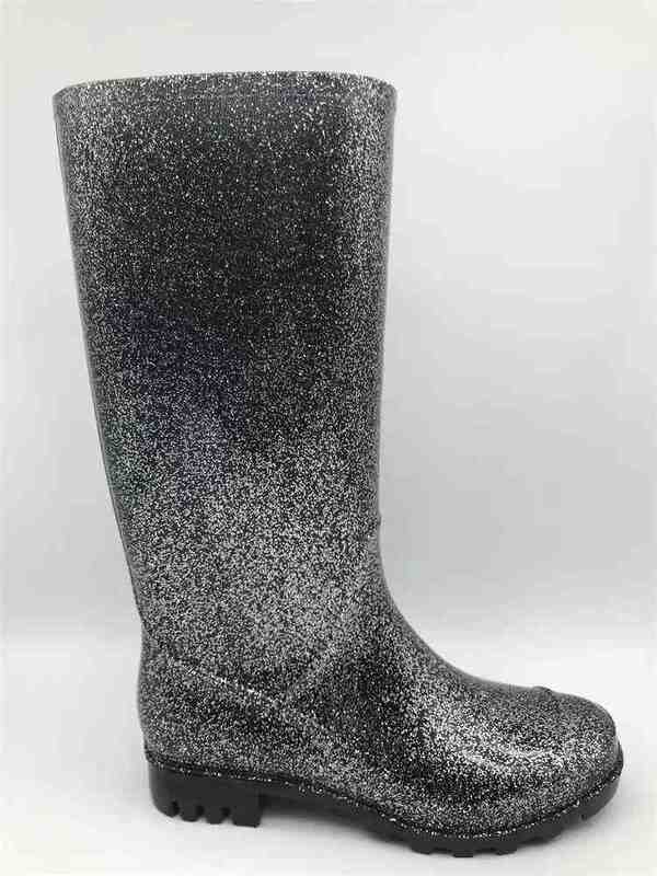 Women Pvc Slip On Tall Rain Boots Ankle Height With Glitter Upper Classcial Styles