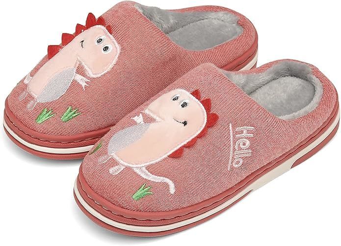 Fun DIno Featured Kids Slippers Warm Faux Fur Lining for Winter Comfort